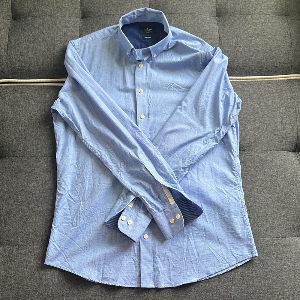 Hackett London blue/white Ghingham cotton shirt. Size Slim L or Regular S.